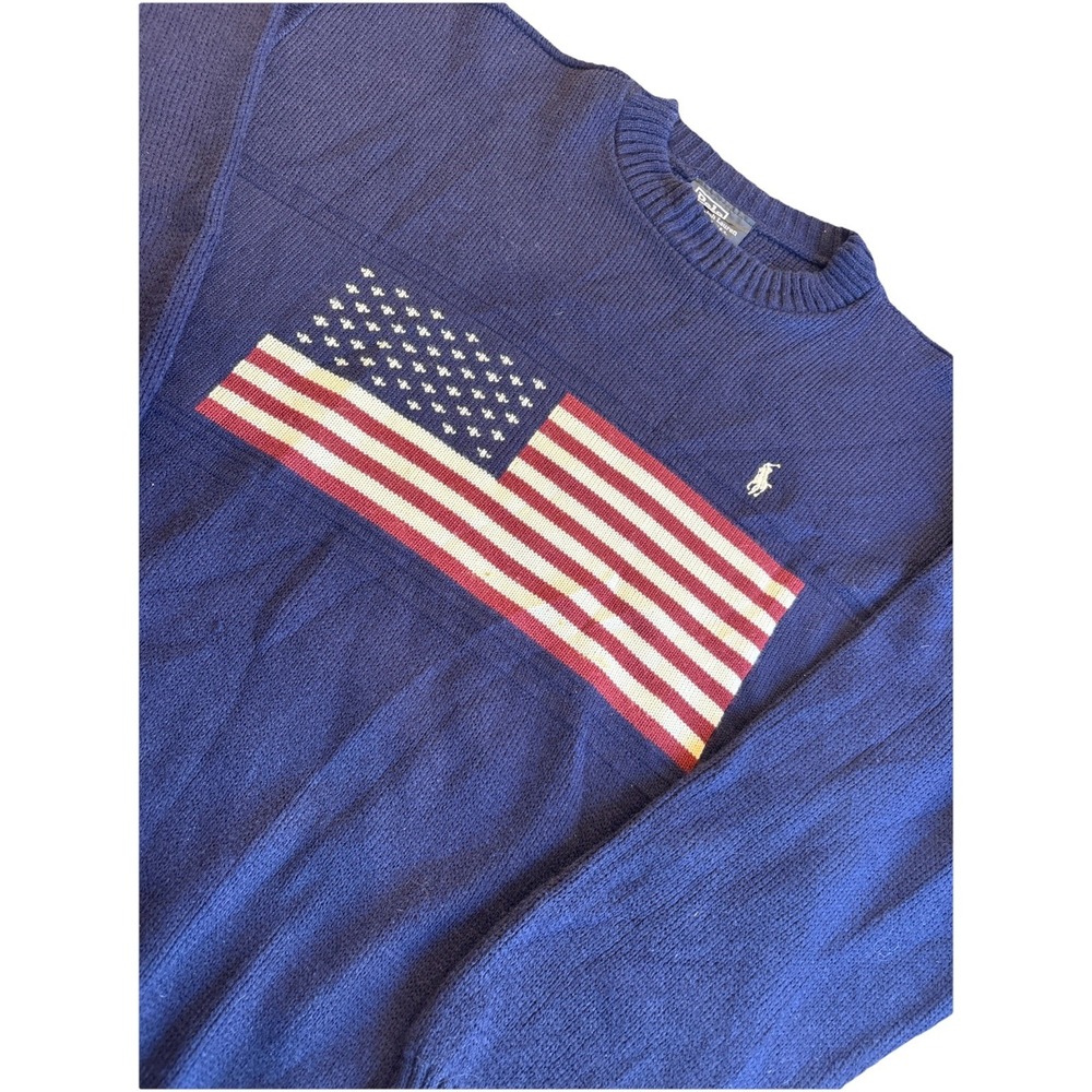 Ralph Lauren Men's V-Neck Sweater with American Flag - Blue, Red, White